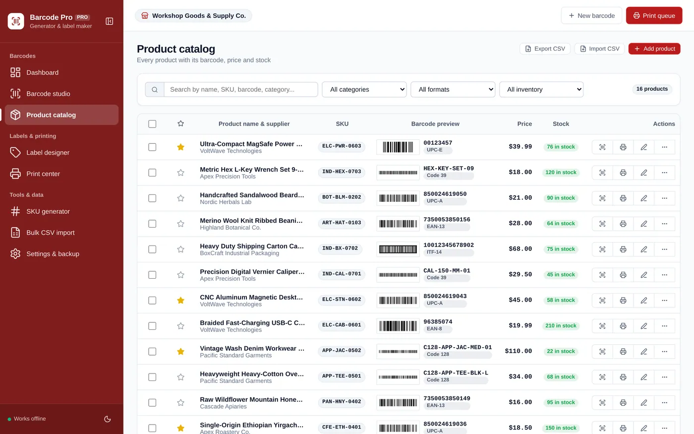 Product catalog screen in Barcode & Label Maker