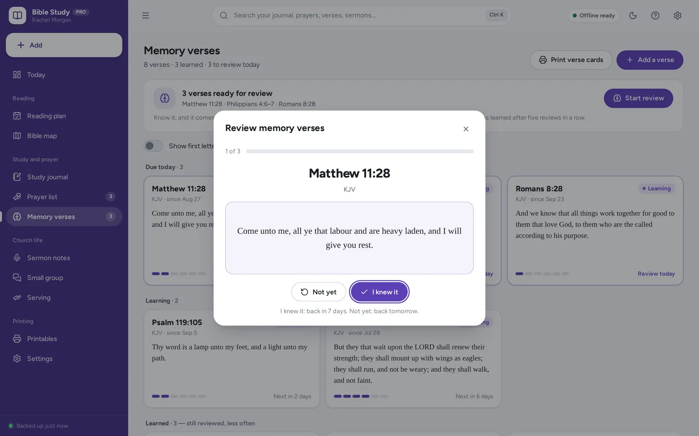 Scripture memory tracker screen in Bible Study Planner