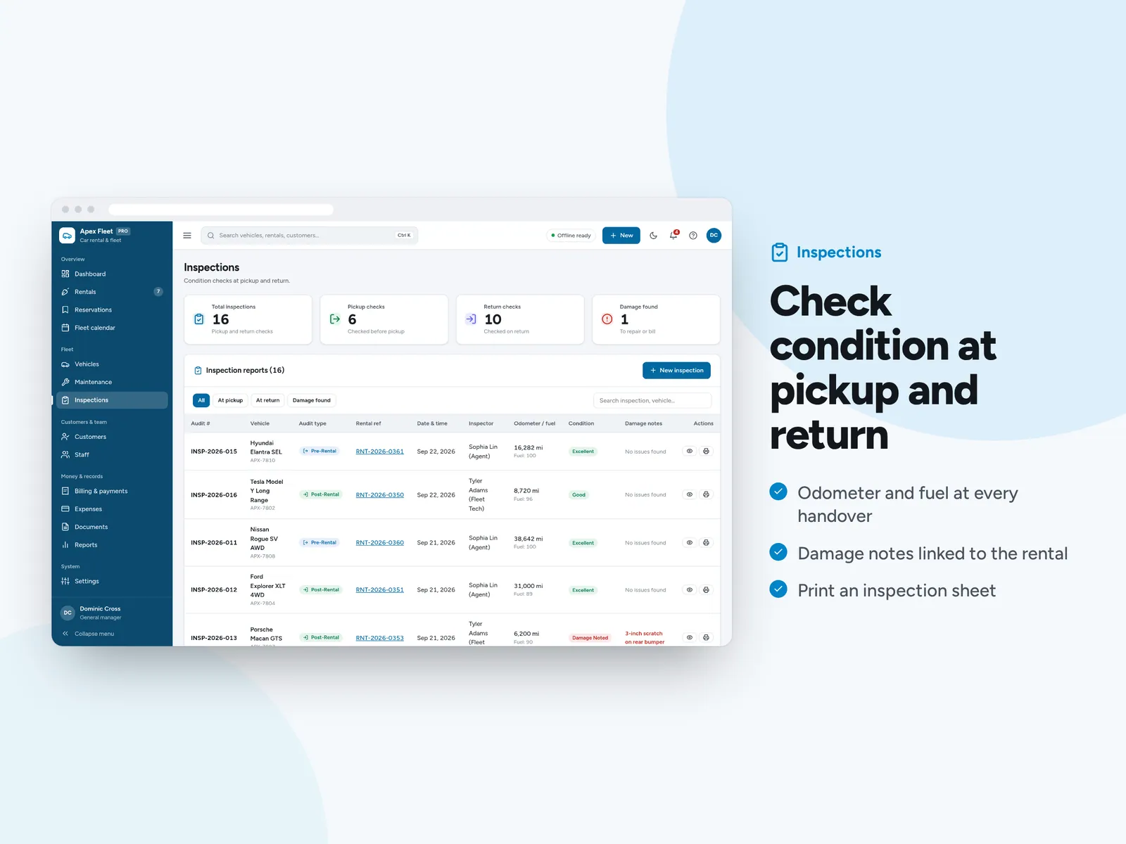 Check condition at pickup and return
