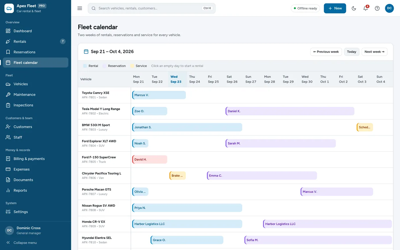 Fleet calendar screen in Car Rental & Fleet Manager