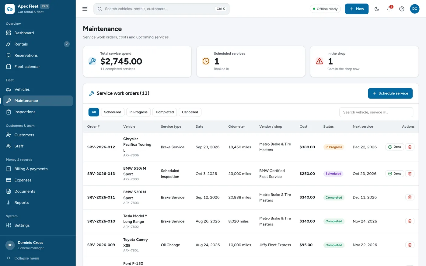 Maintenance screen in Car Rental & Fleet Manager