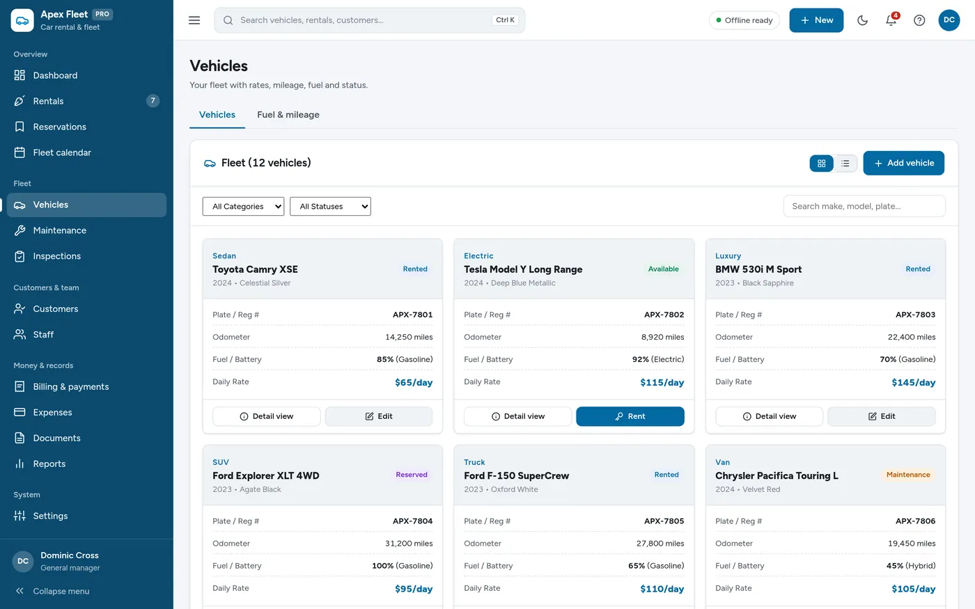 Vehicles screen in Car Rental & Fleet Manager