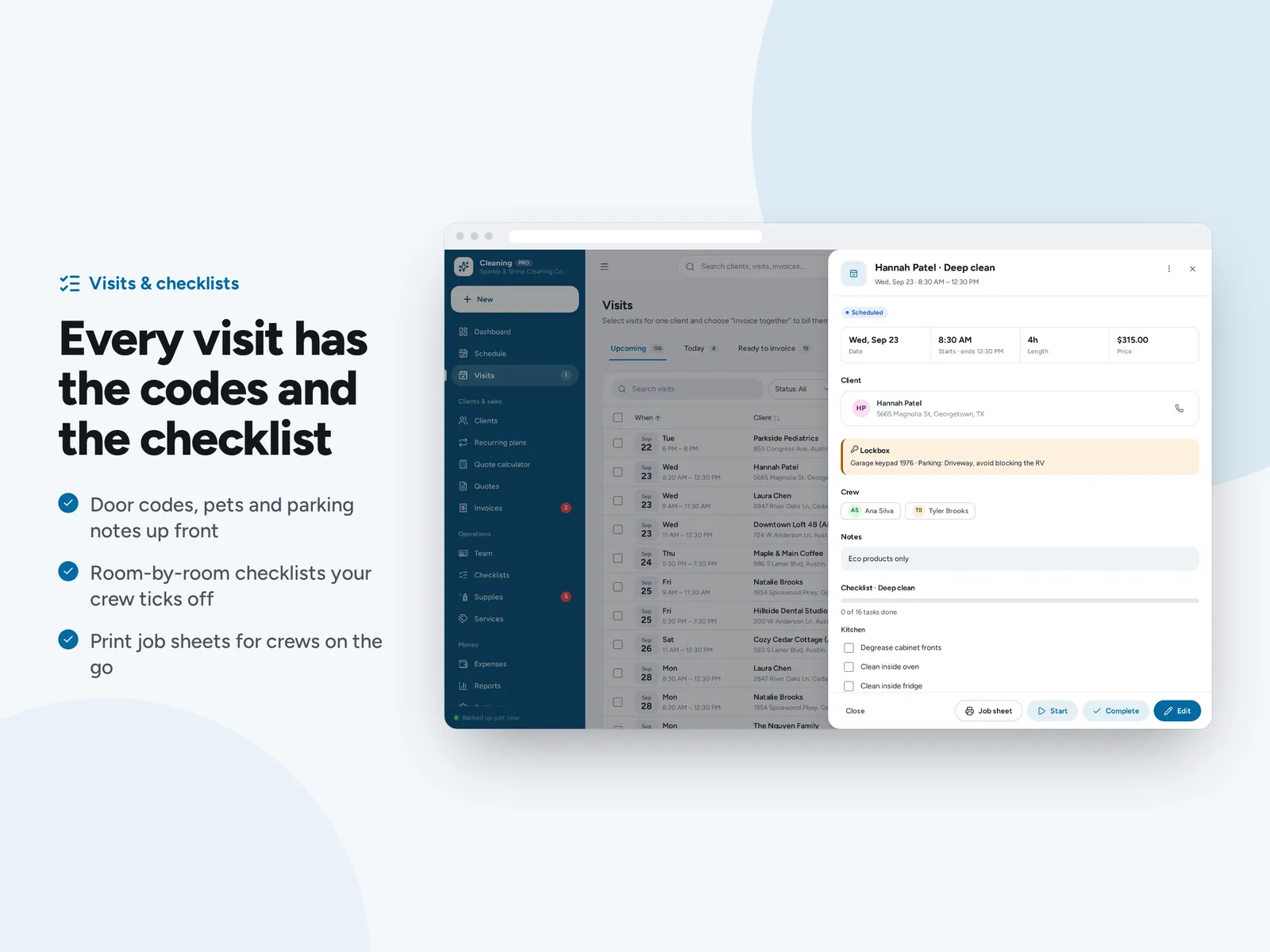 Every visit has the codes and the checklist
