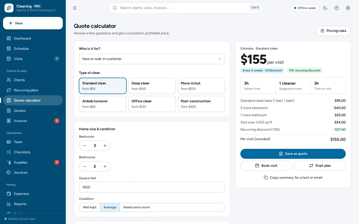 Instant quote calculator screen in Cleaning Business Manager