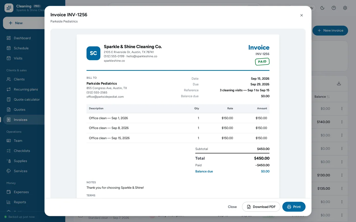 Invoices & payments screen in Cleaning Business Manager