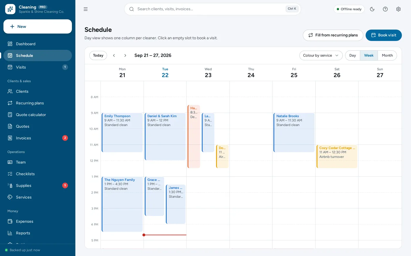 Crew schedule screen in Cleaning Business Manager
