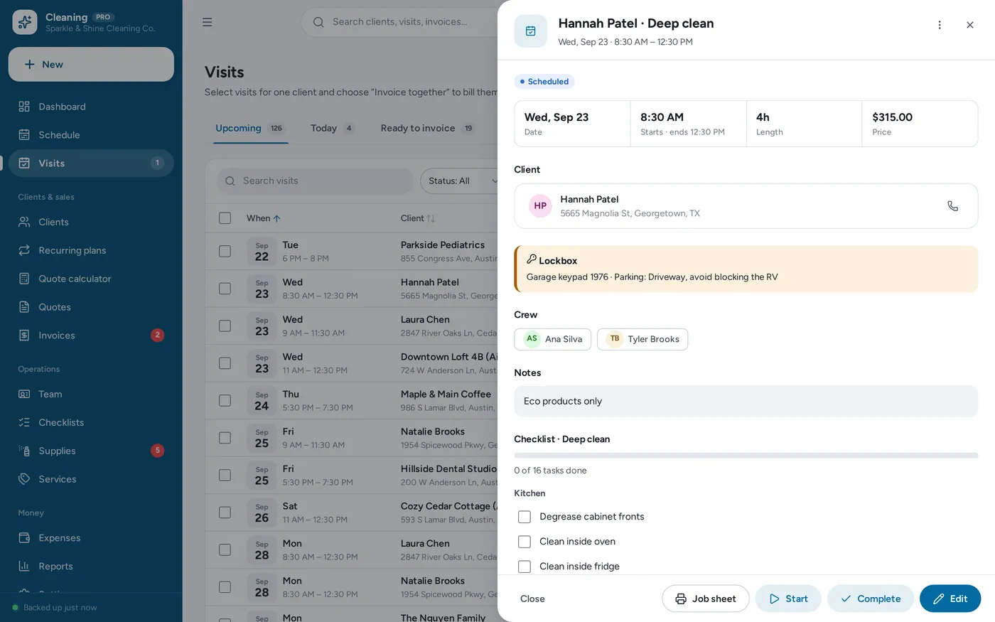 Visits & checklists screen in Cleaning Business Manager