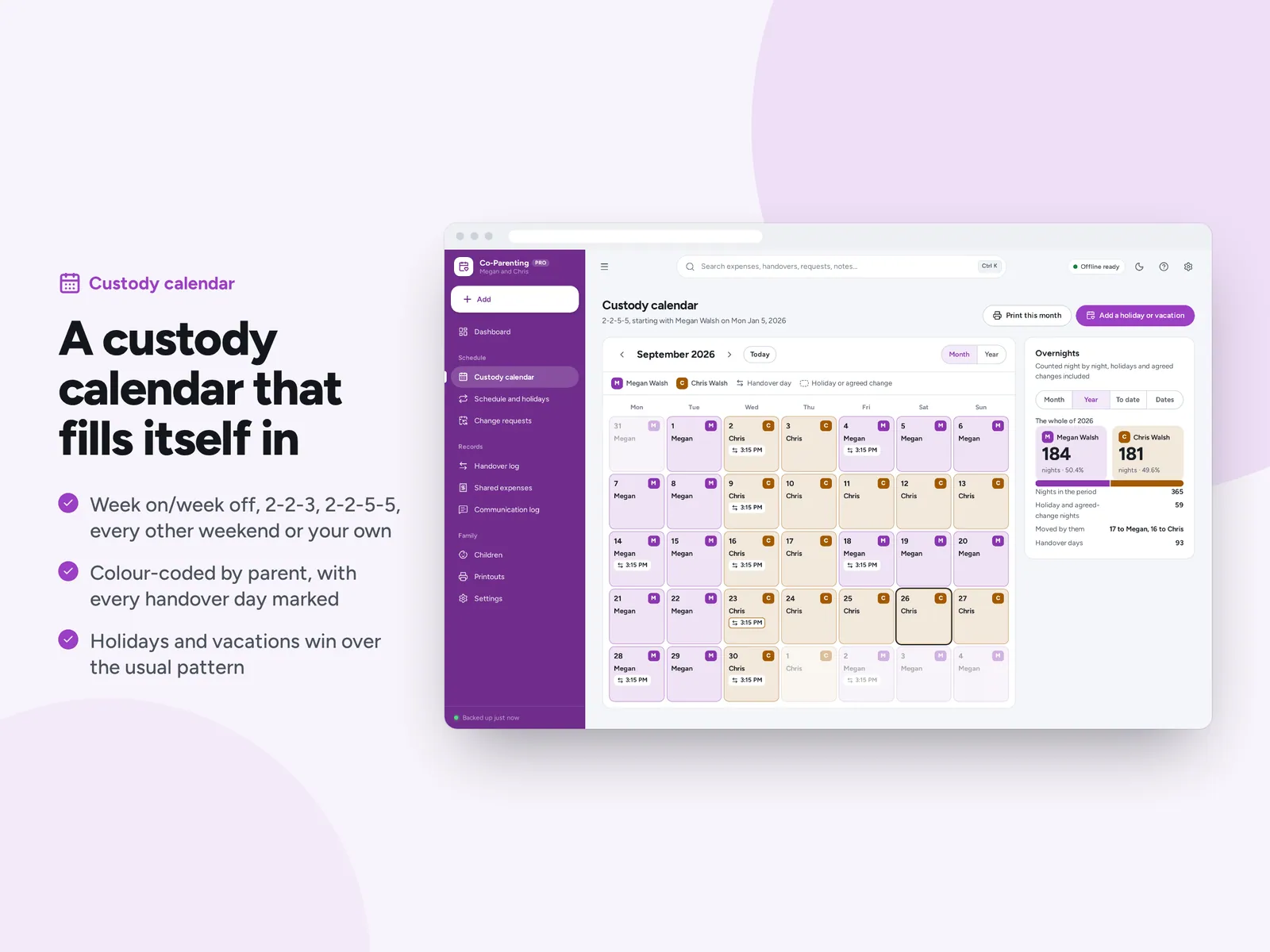A custody calendar that fills itself in