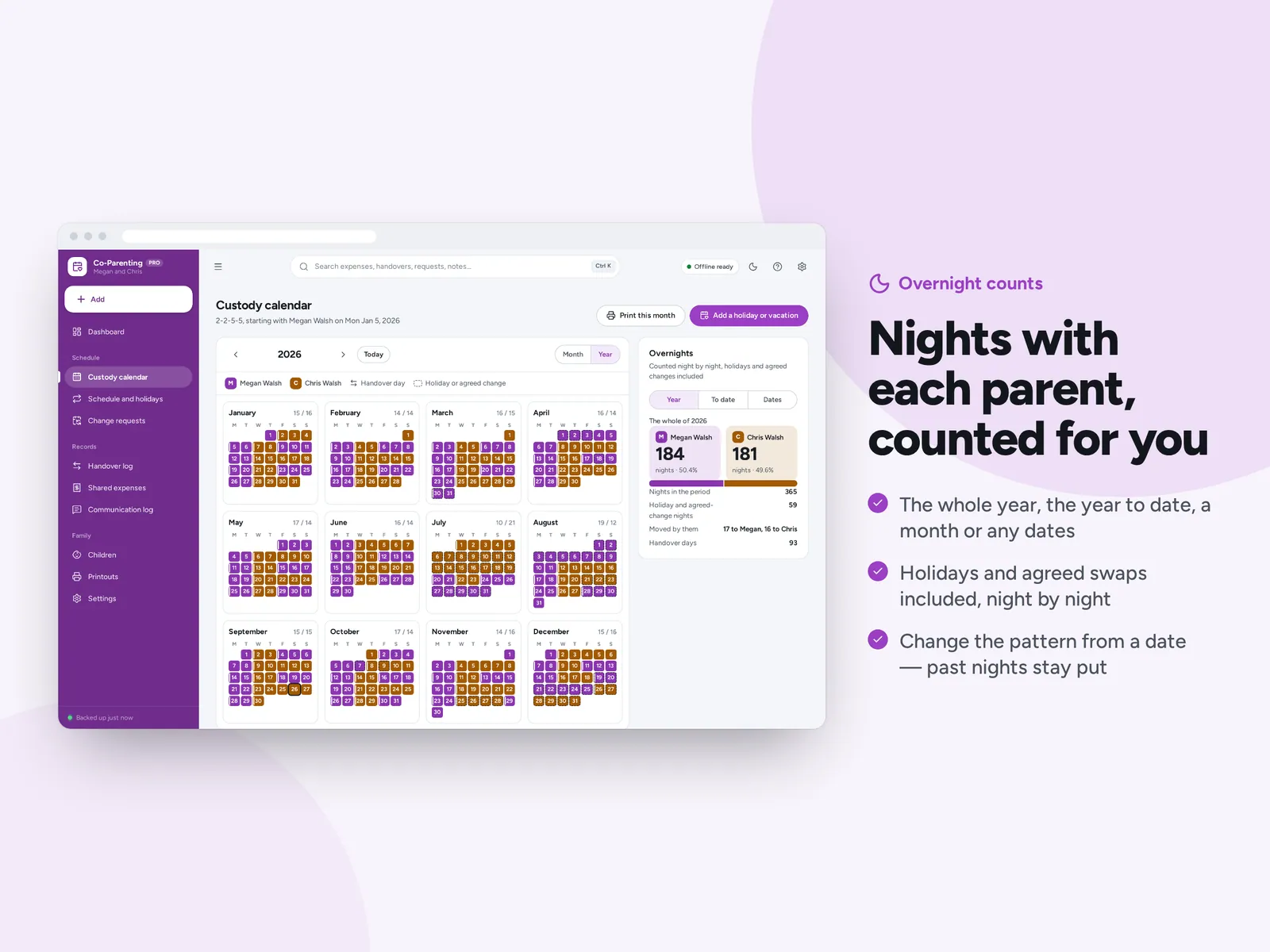 Nights with each parent, counted for you
