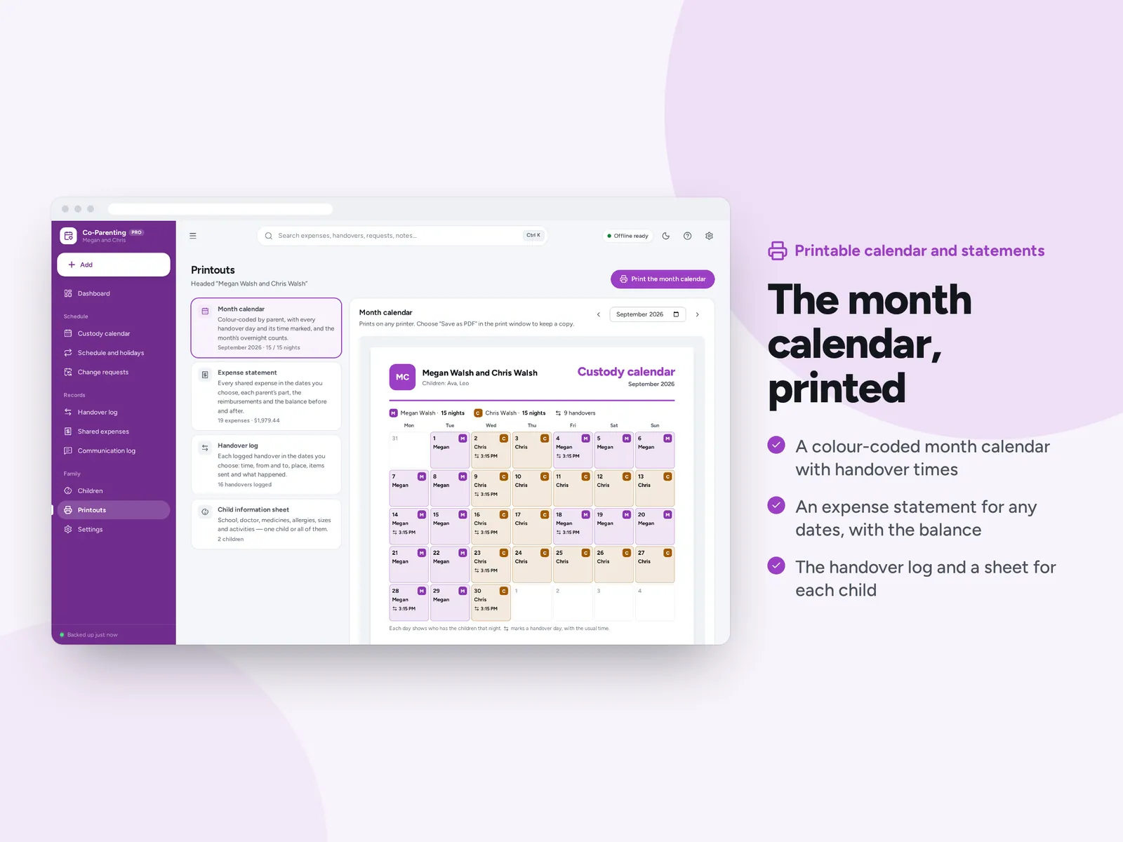 The month calendar, printed