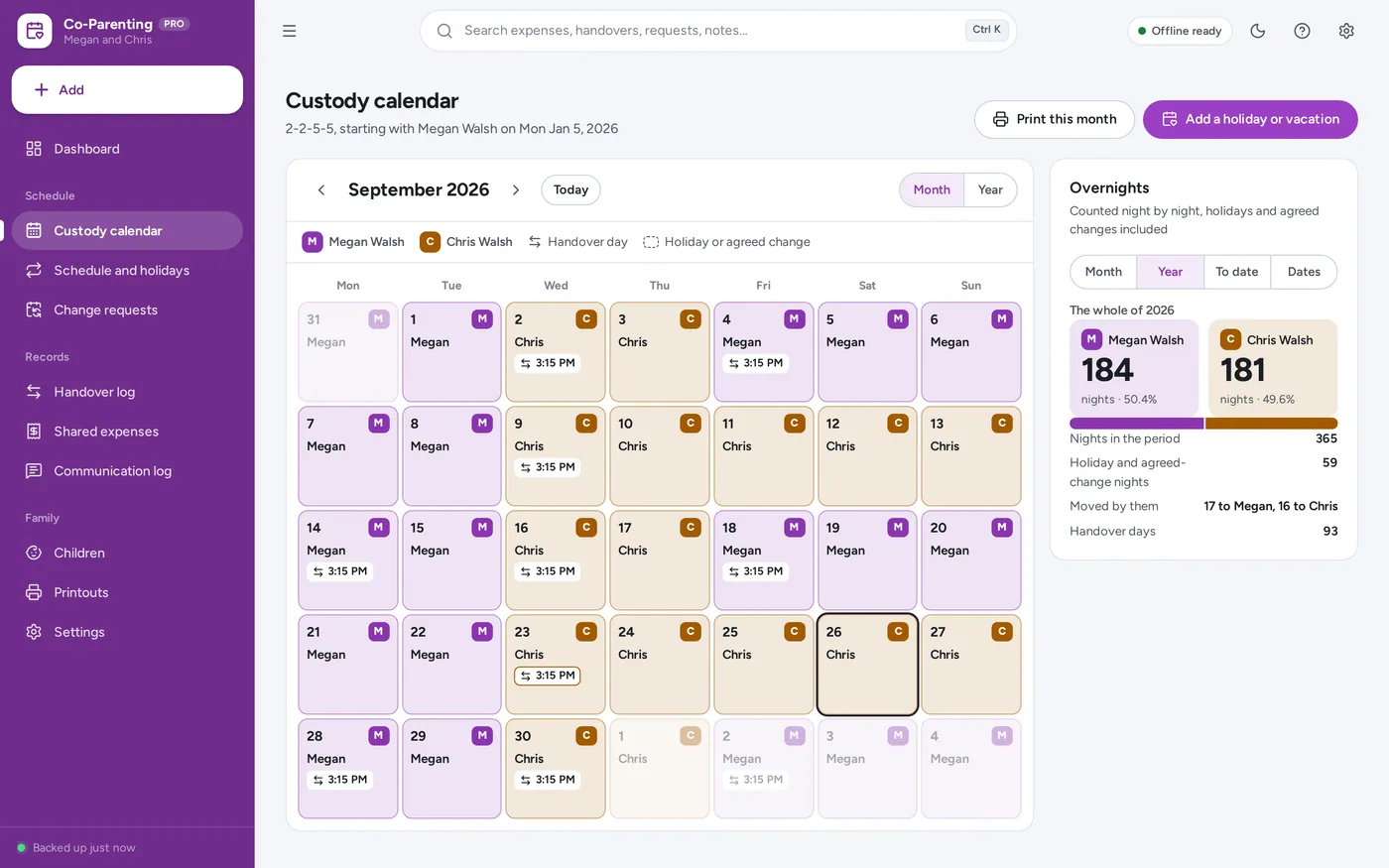 Custody calendar screen in Co-Parenting Planner