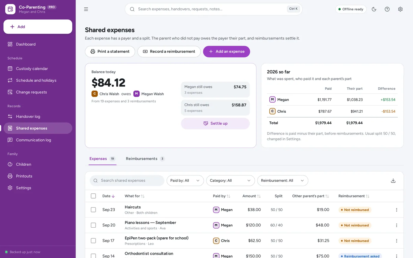 Shared expense tracker screen in Co-Parenting Planner