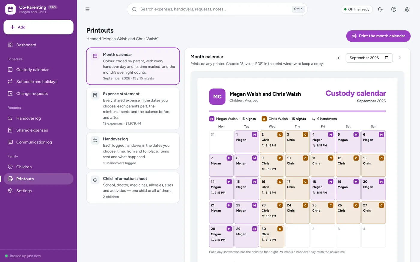 Printable calendar and statements screen in Co-Parenting Planner