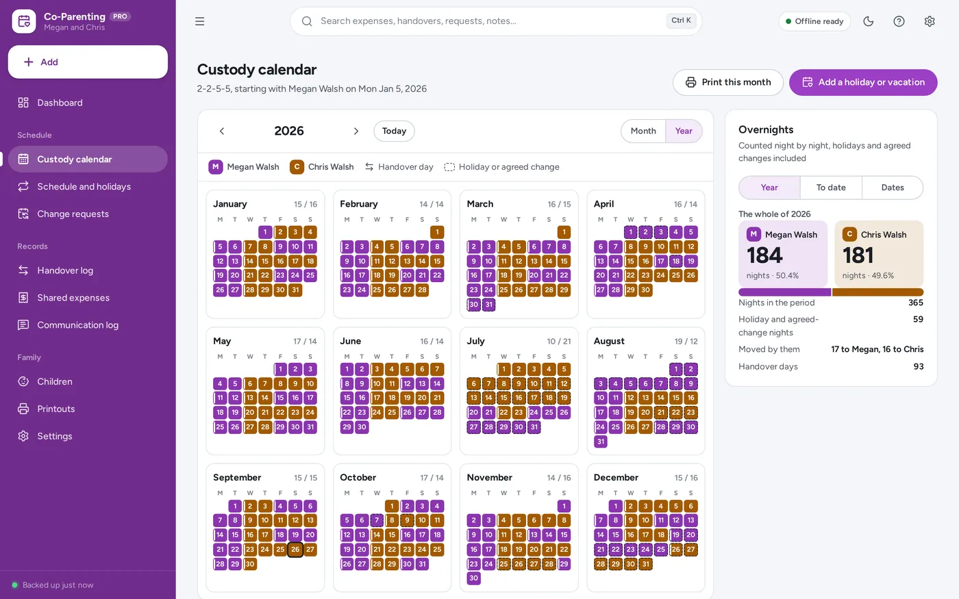 Overnight counts screen in Co-Parenting Planner