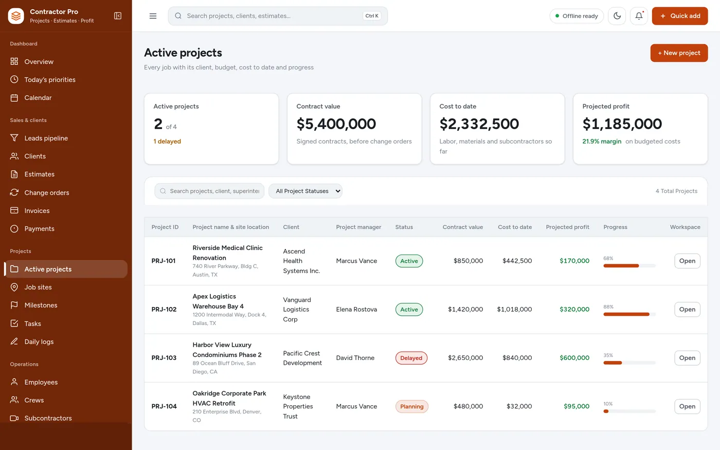 Projects screen in Construction Contractor Manager