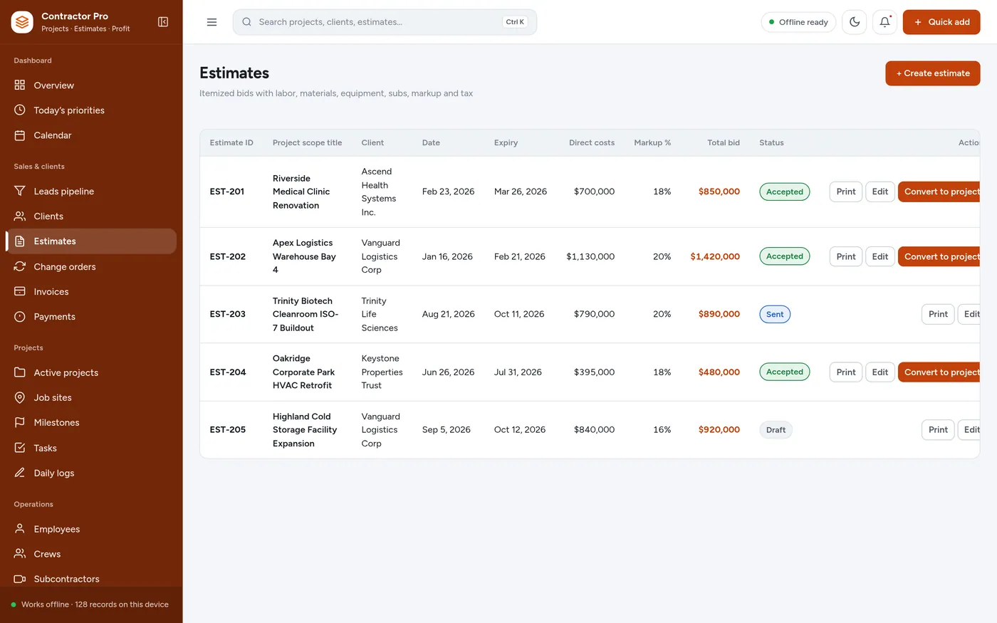 Estimates screen in Construction Contractor Manager