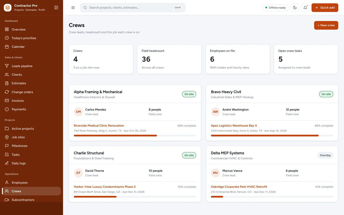 Field crews screen in Construction Contractor Manager