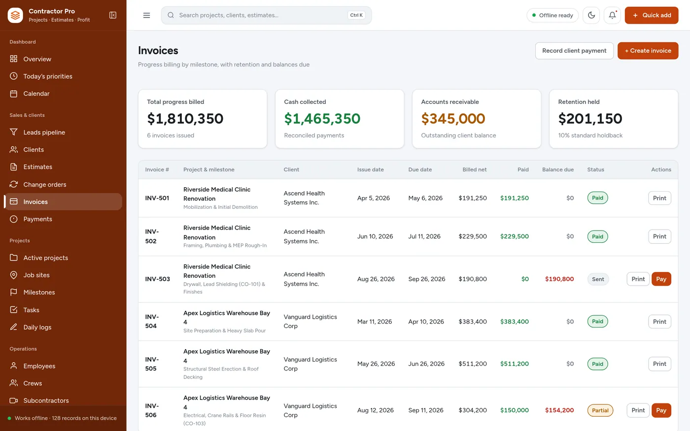 Progress billing screen in Construction Contractor Manager