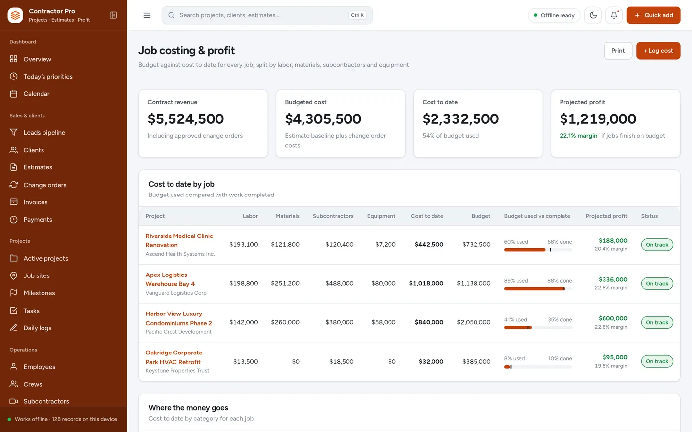 Job costing screen in Construction Contractor Manager