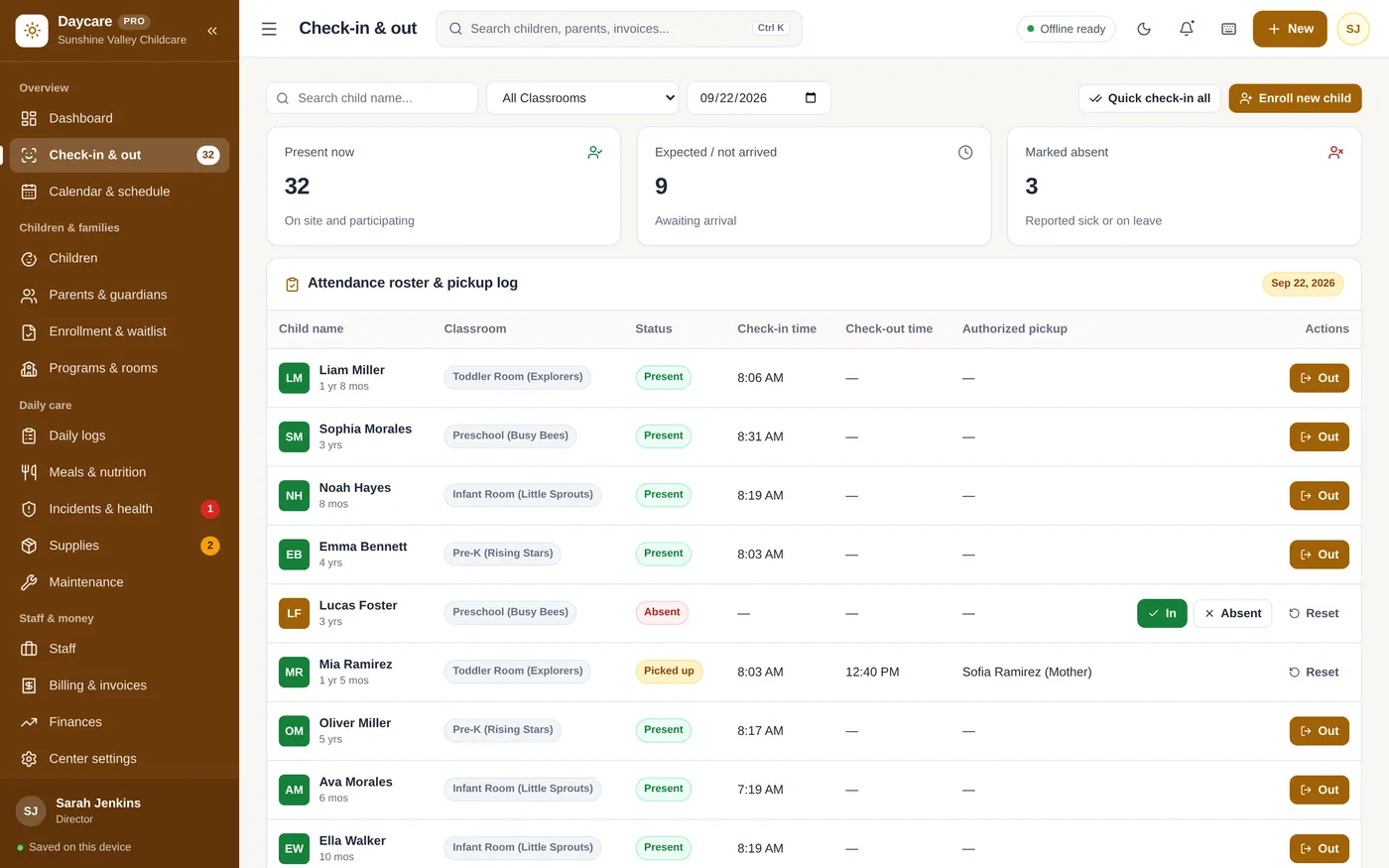 Check-in & out screen in Daycare & Childcare Manager