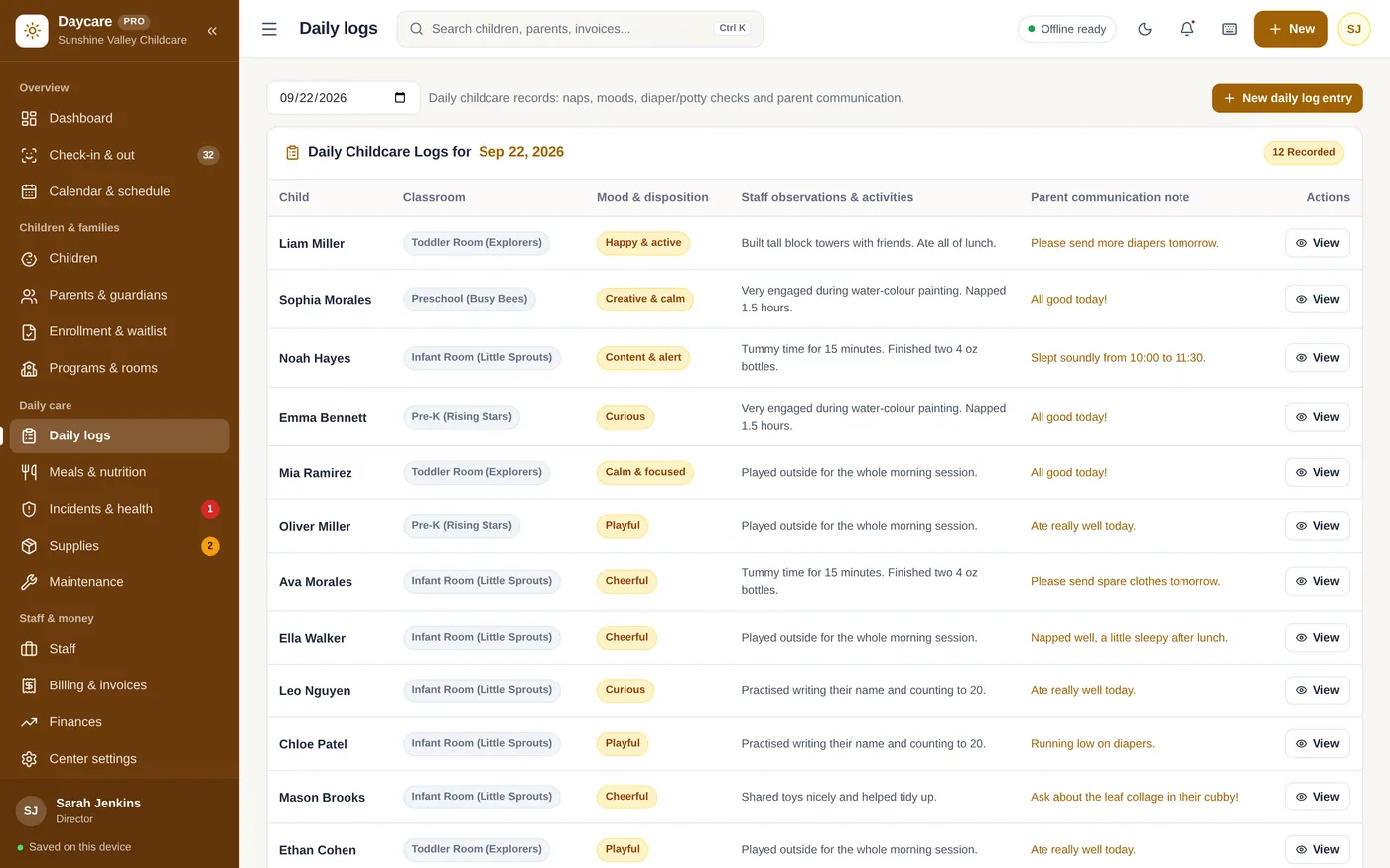 Daily logs screen in Daycare & Childcare Manager