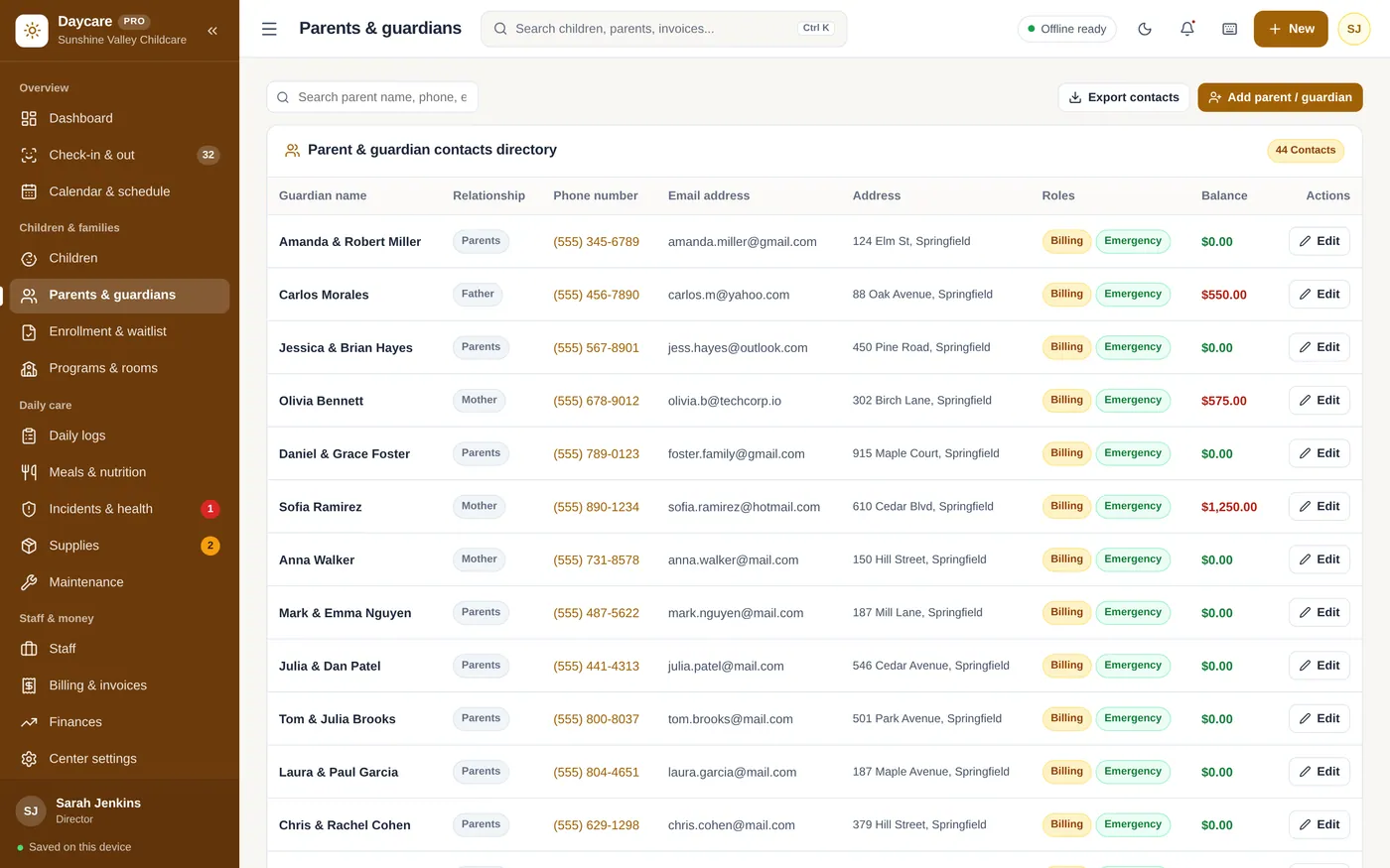 Parents & guardians screen in Daycare & Childcare Manager