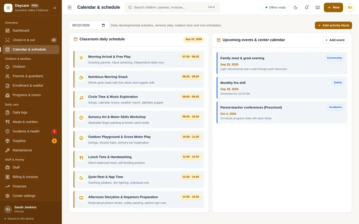 Calendar & schedule screen in Daycare & Childcare Manager