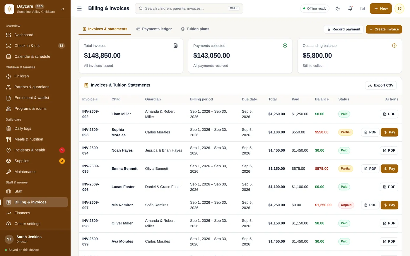 Billing & invoices screen in Daycare & Childcare Manager