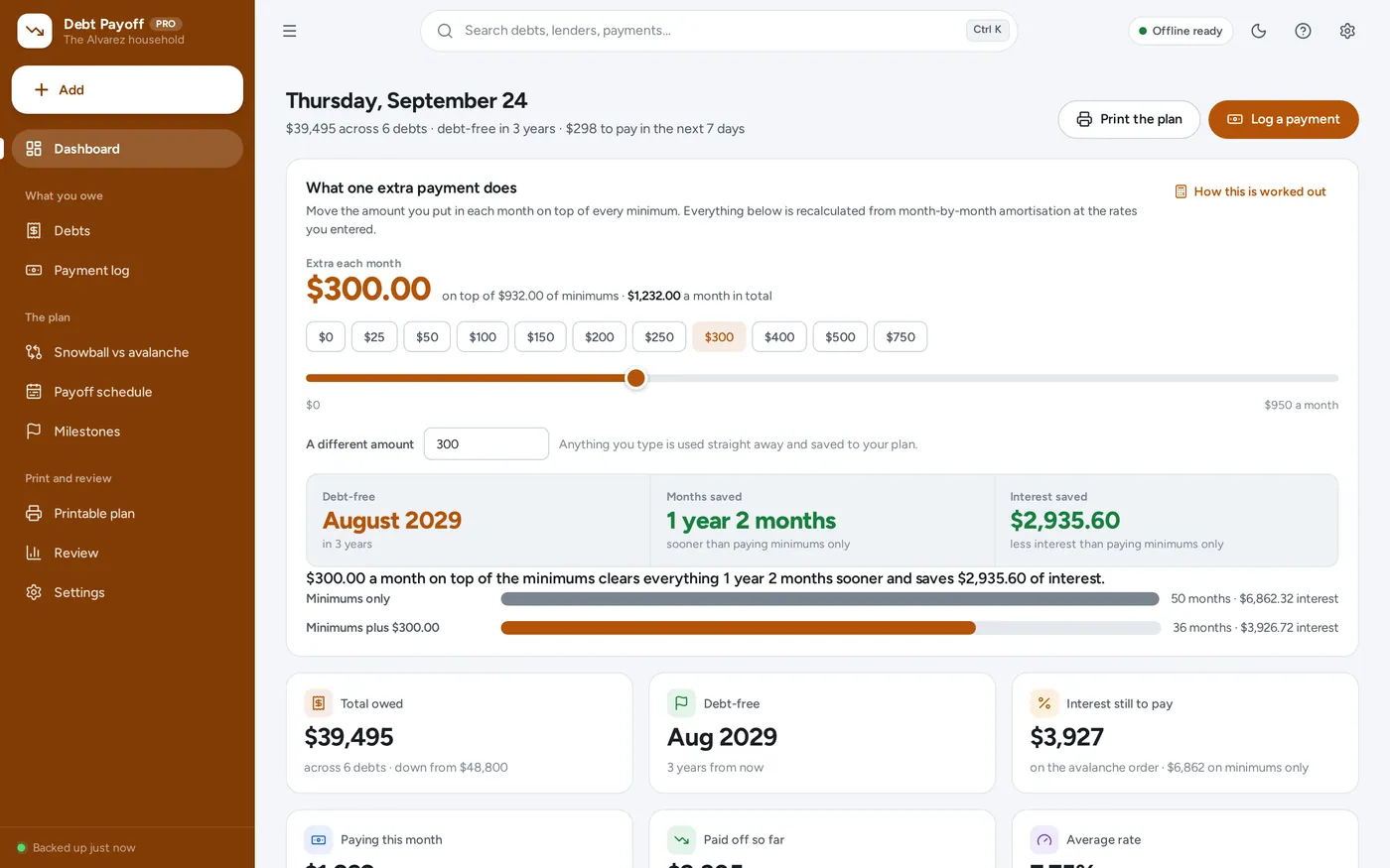 The extra-payment lever screen in Debt Payoff Planner