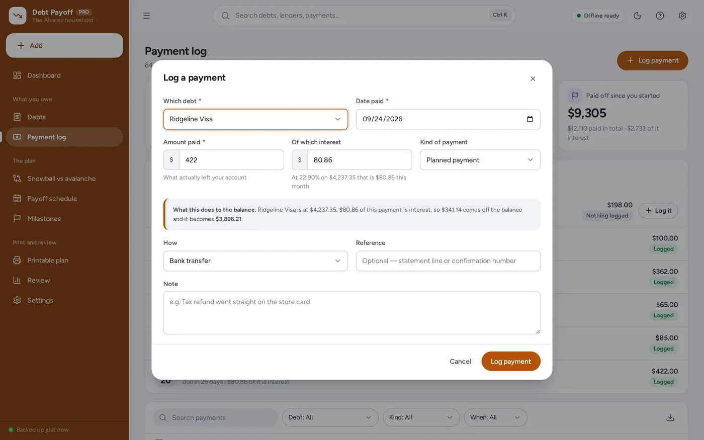 Payment logging screen in Debt Payoff Planner