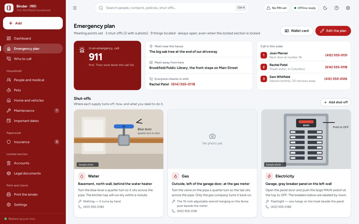 Emergency plan screen in Emergency & Home Binder