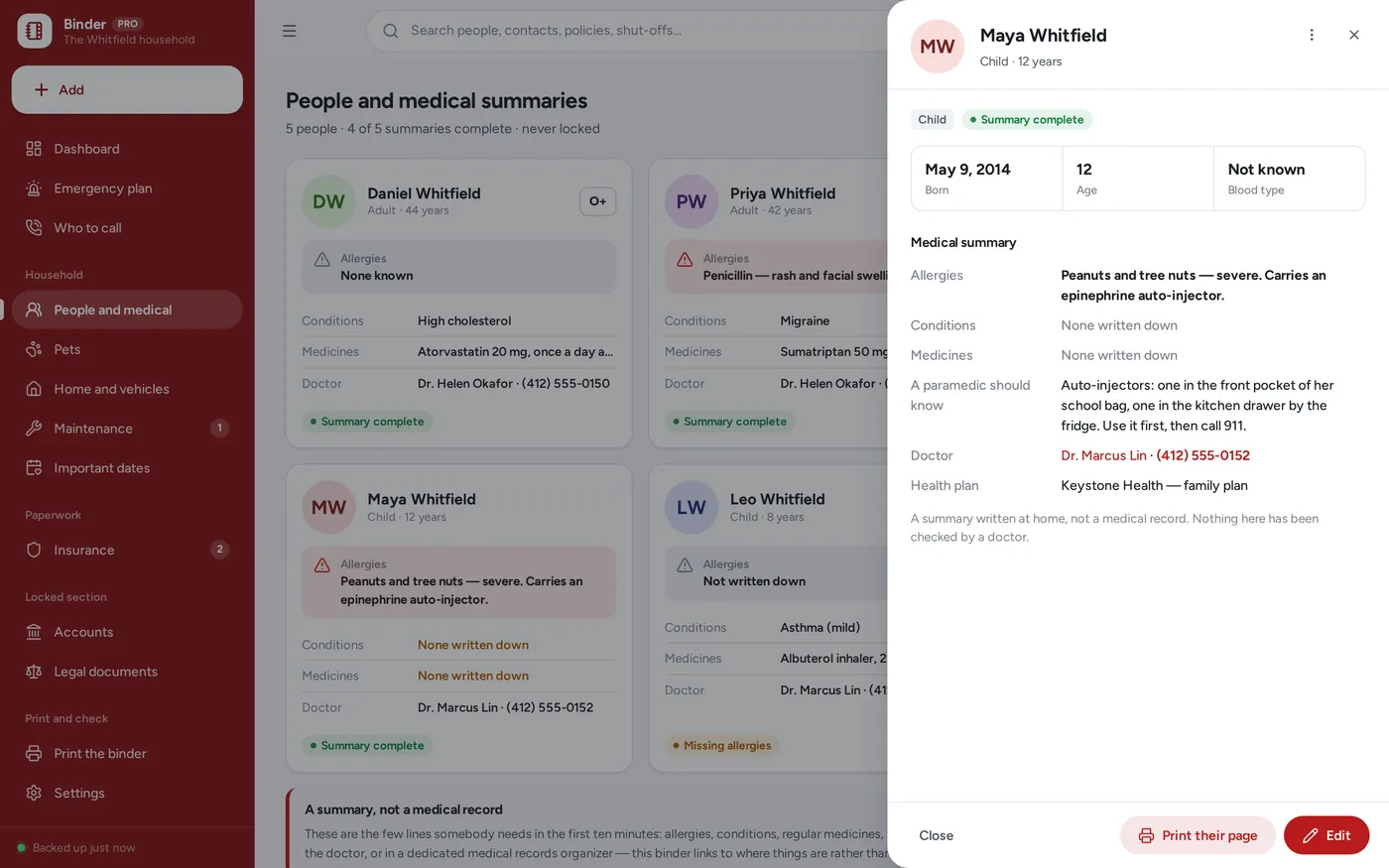 Medical summaries screen in Emergency & Home Binder