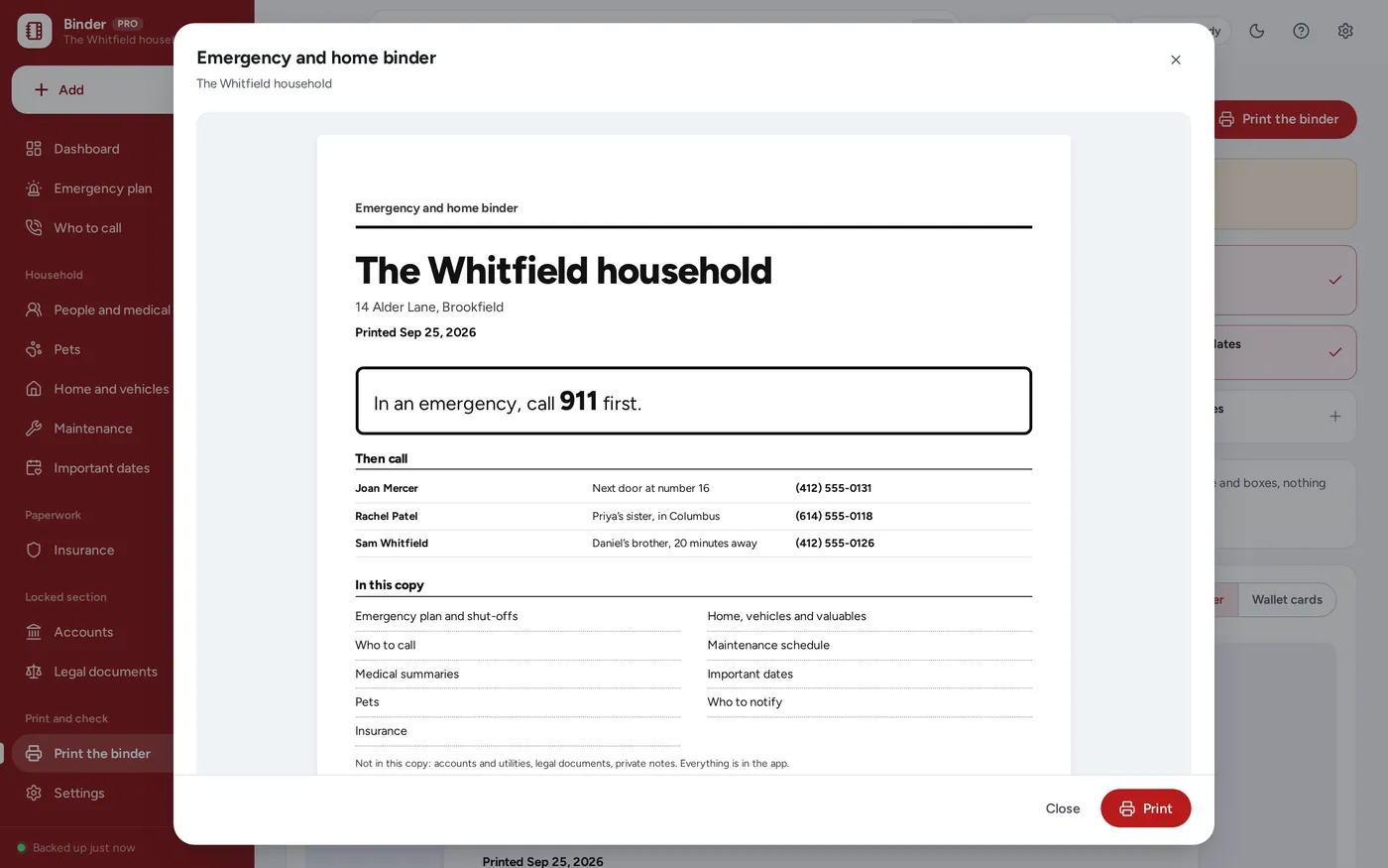 One-click printed binder screen in Emergency & Home Binder