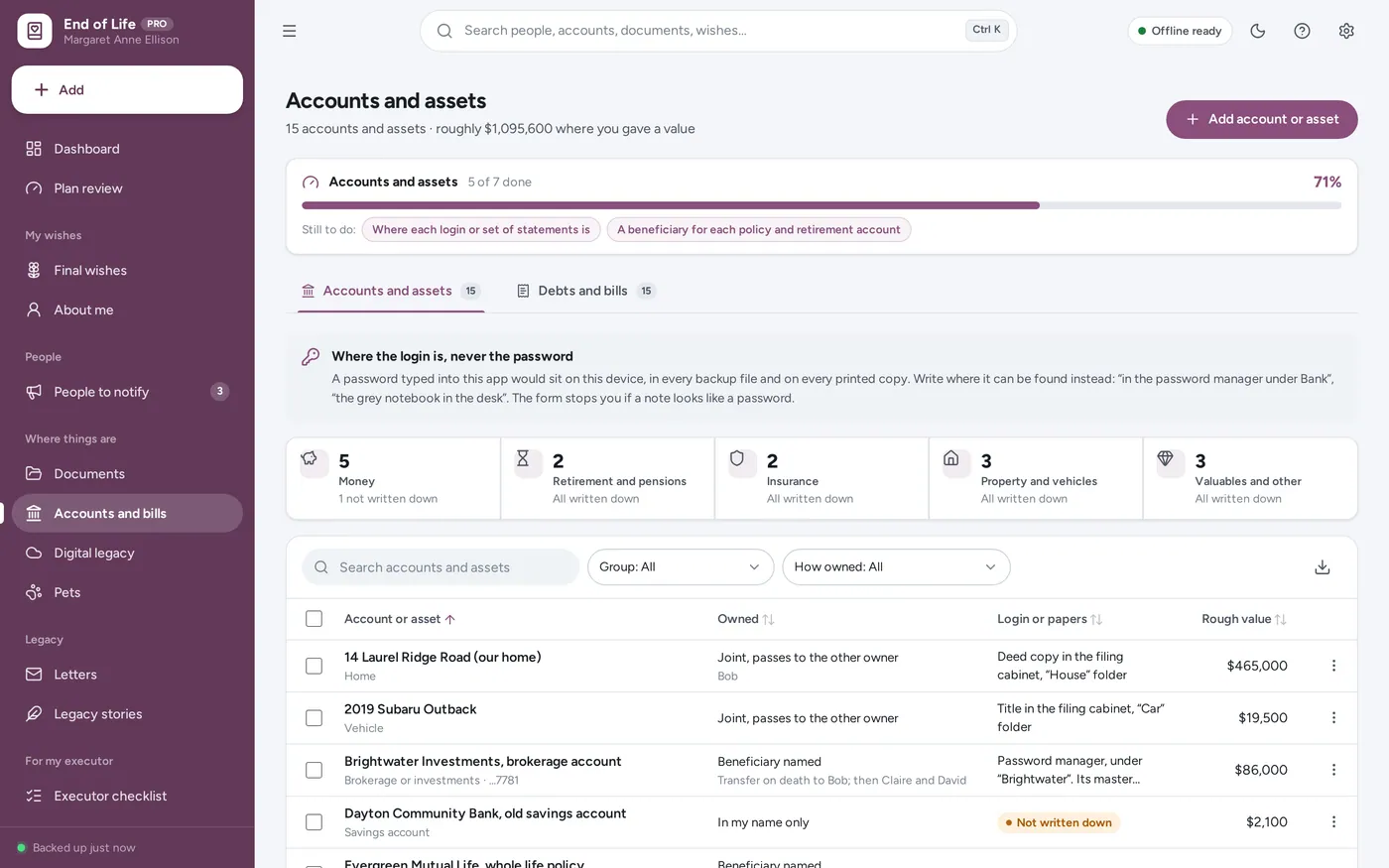 Where everything is screen in End of Life Planner