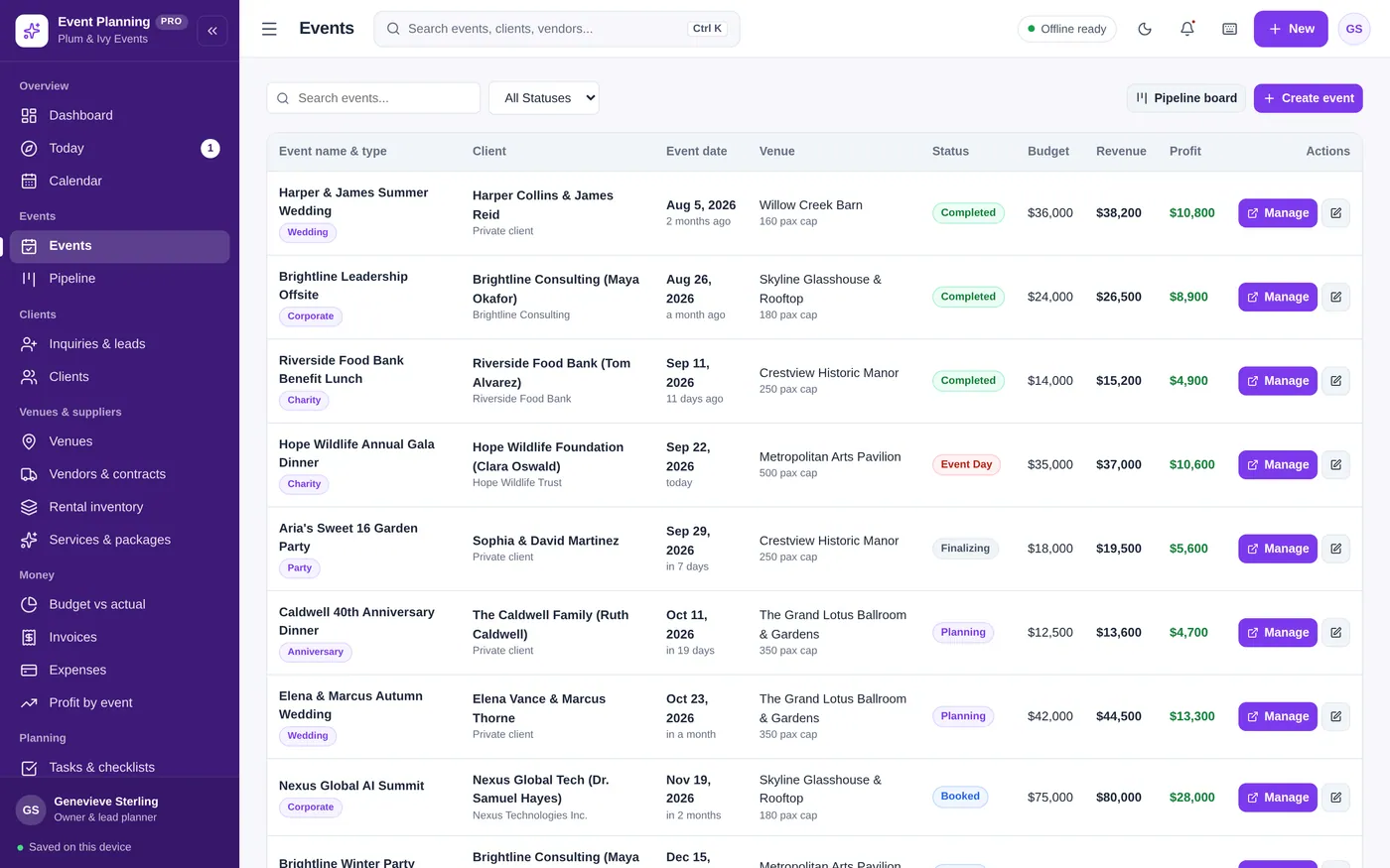 Events screen in Event Planning Manager