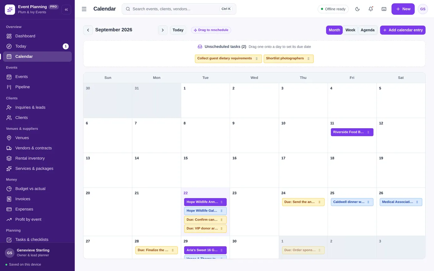 Calendar screen in Event Planning Manager