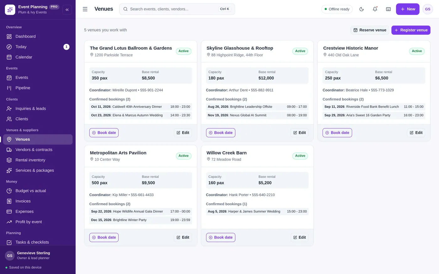 Venues screen in Event Planning Manager