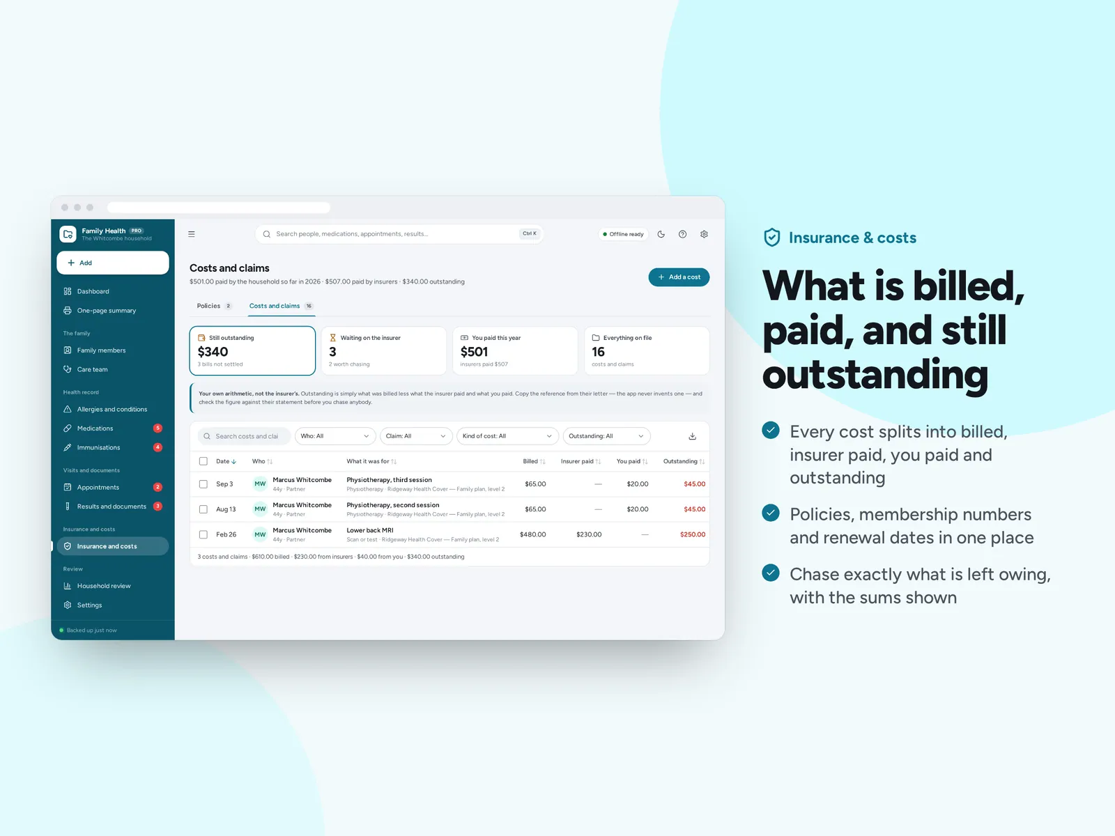 What is billed, paid, and still outstanding