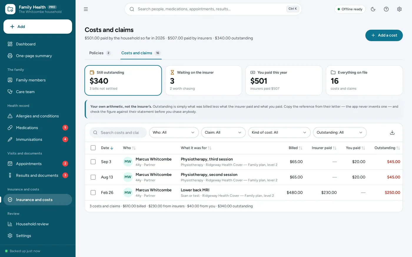 Insurance & costs screen in Family Medical Records
