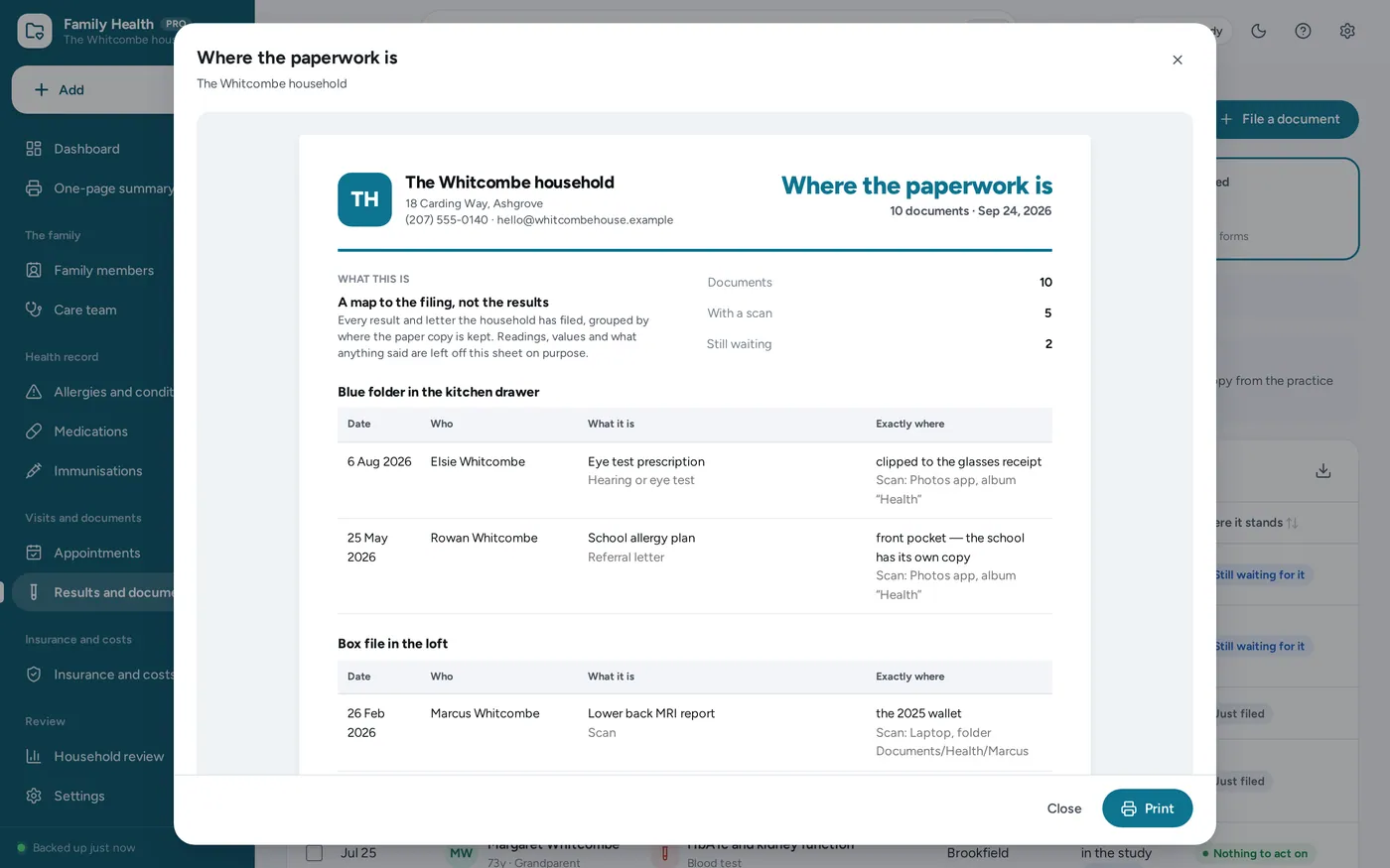 Results & documents screen in Family Medical Records