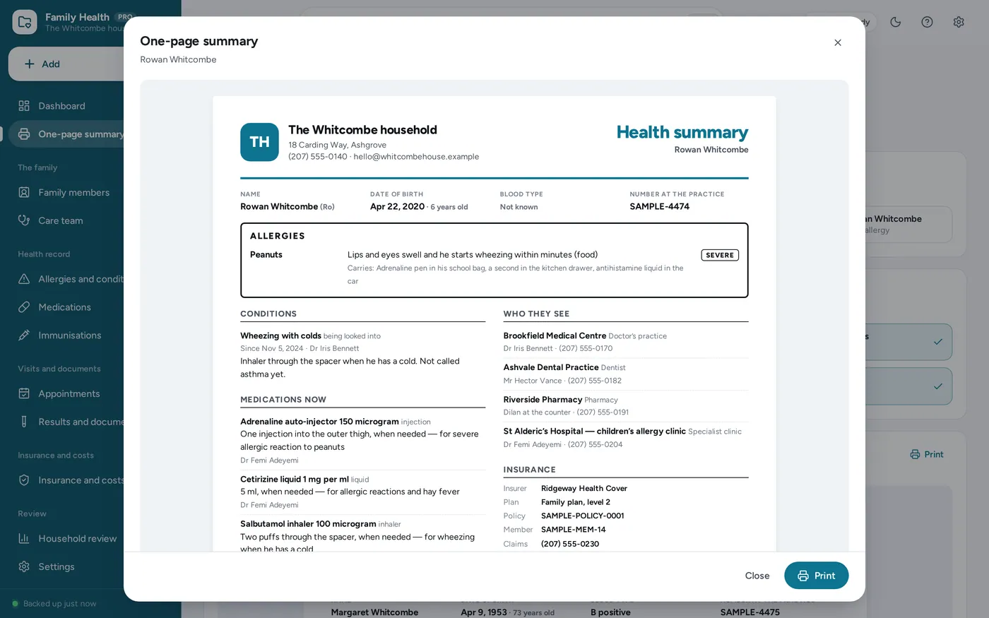 One-page summary screen in Family Medical Records
