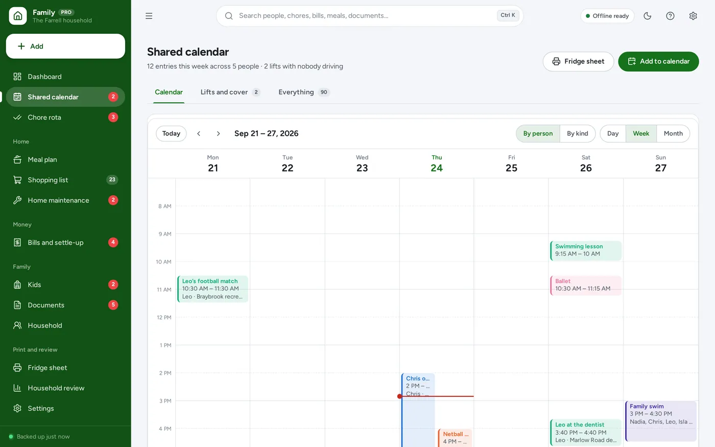Shared calendar screen in Family Organizer