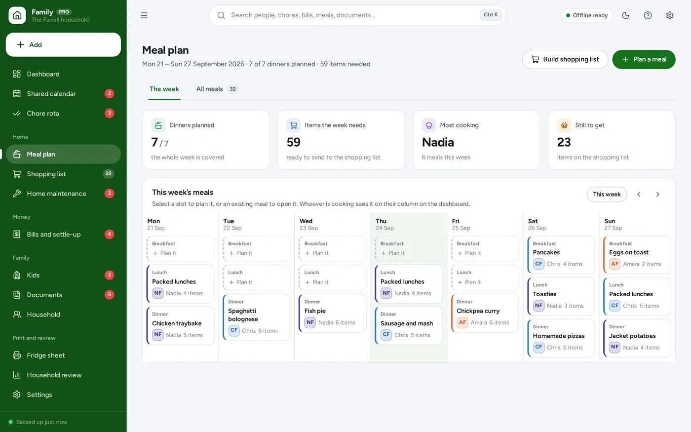 Meals and shopping screen in Family Organizer