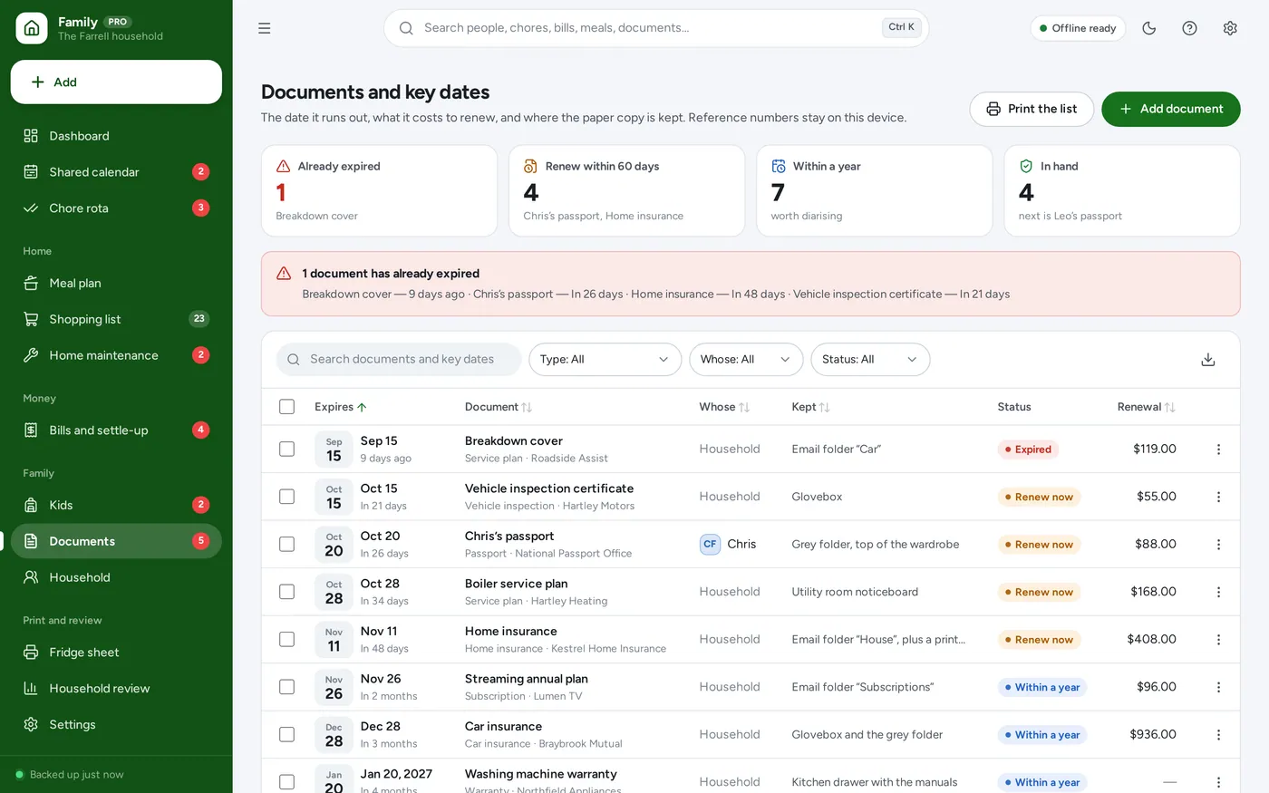 Documents and the house screen in Family Organizer