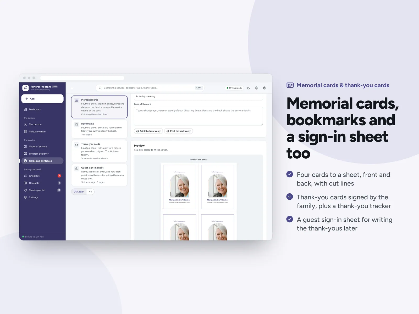 Memorial cards, bookmarks and a sign-in sheet too