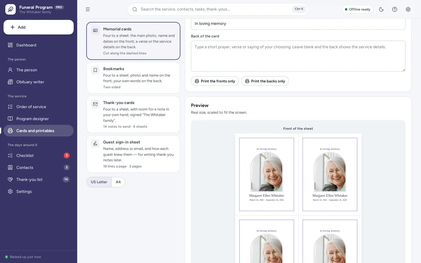 Memorial cards & thank-you cards screen in Funeral Program & Obituary Maker