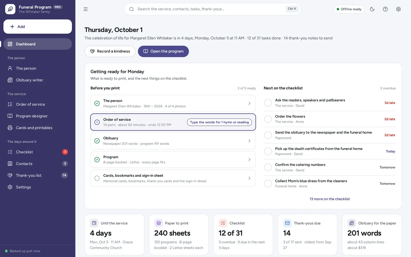Planning dashboard screen in Funeral Program & Obituary Maker