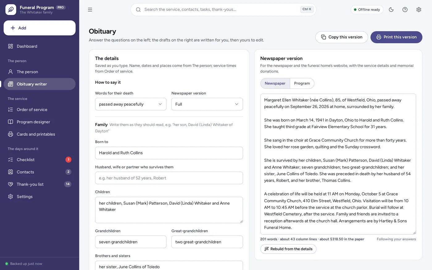 Obituary template screen in Funeral Program & Obituary Maker