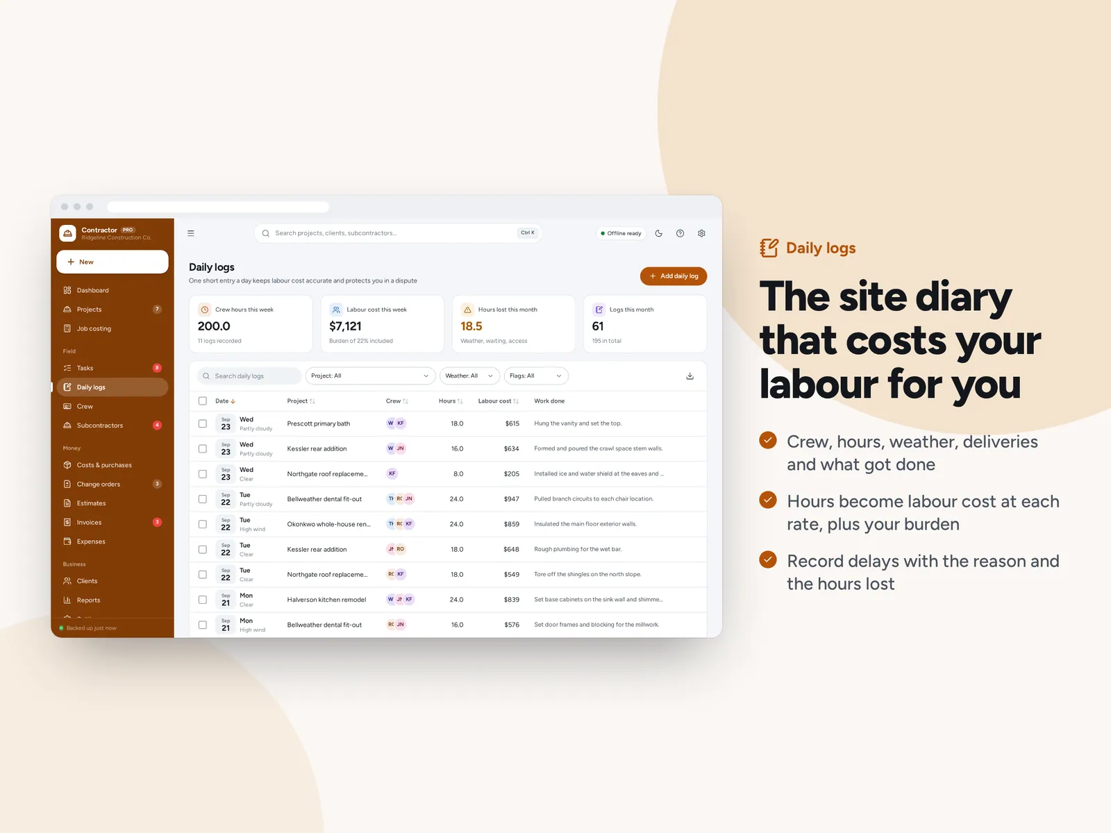 The site diary that costs your labour for you