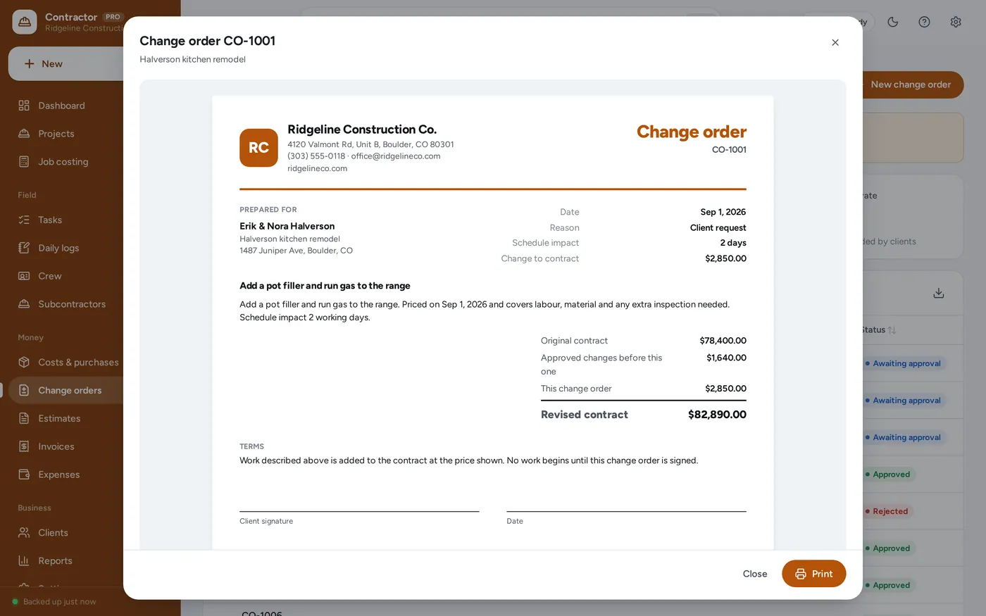 Change orders screen in General Contractor Manager